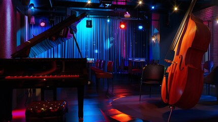 Modern jazz bar interior design stage with black piano and cello : Generative AI