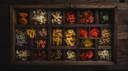 Pasta assorted Set of different types of paste in the cells of a wooden box : Generative AI