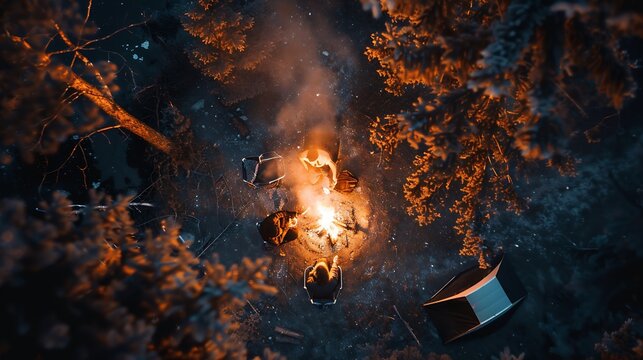 Aerial view of friend eating close to campfire in forest at night : Generative AI - Powered by Adobe