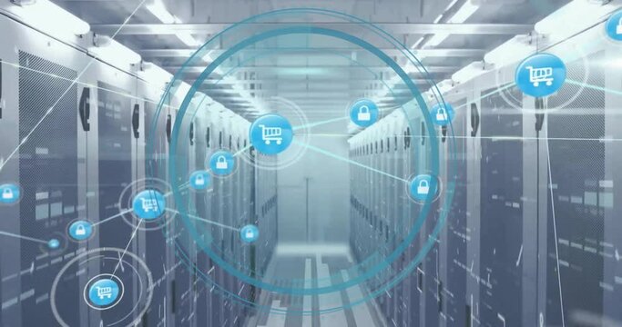 Animation of cyber security text, network of connections with trolley icons over computer servers