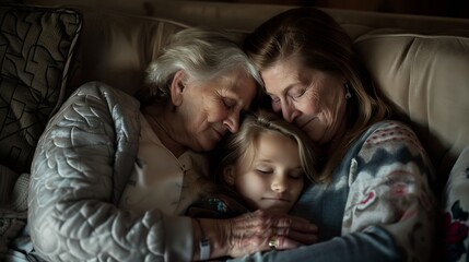 Three female generations family portrait Cute girl hugging tightly beloved mom and grandma Mother and grandmother embracing cuddling granddaughter on couch at home enjoying leisure tim : Generative AI