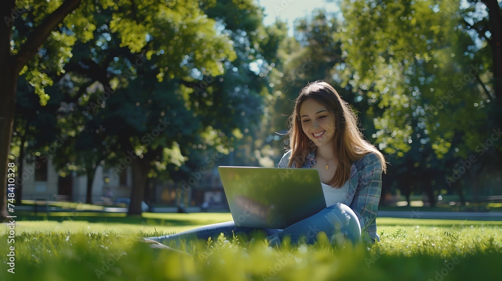Poster Front view of a happy student girl working with a laptop in a green park of an university campus : Generative AI