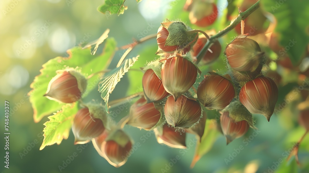 Aufkleber many hazelnuts fall from the tree on a green natural background beautiful large hazelnuts closeup ma