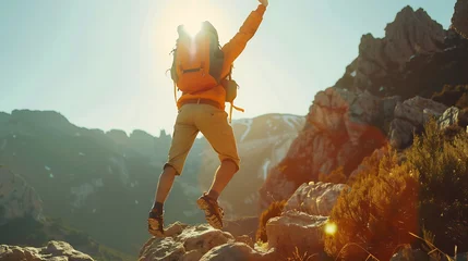 Küchenrückwand glas motiv Hiker with backpack raising hands jumping on the top of a mountain Successful man with arms up enjoying victory Sport and success concept : Generative AI © Generative AI