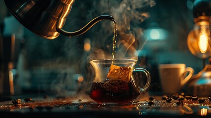 Making pour over coffee with hot water being poured from a kettle : Generative AI - obrazy, fototapety, plakaty