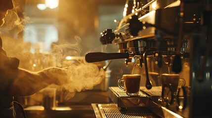 Barista making a espresso with a classic Italian coffee machine with steam in background : Generative AI - obrazy, fototapety, plakaty