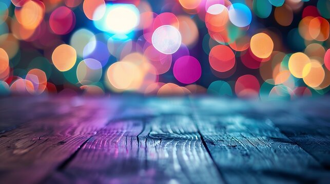 image of wood table and blurred bokeh background with colorful lights : Generative AI