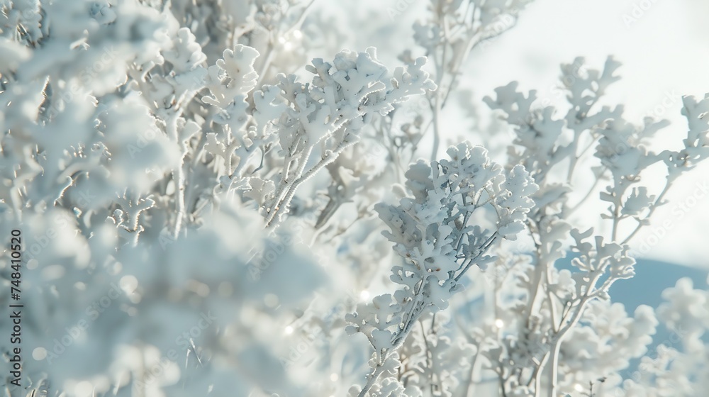 Aufkleber white winter branches under the sparkling fluffy snow hoarfrost on the branches and plants snowdrift