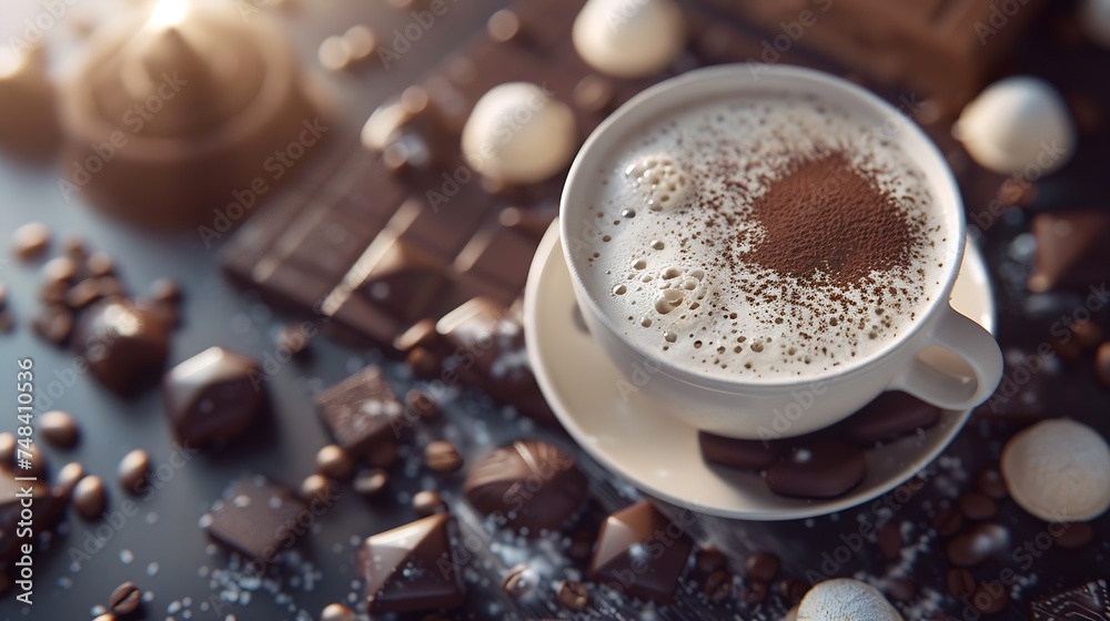 Poster a cup of hot coffee with foam and chocolate sweets on the table beautiful composition concept for a 