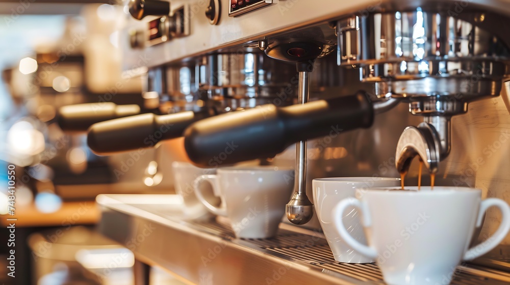 Poster closeup image of the coffee machines that are operating automatical coffee flowing into coffee cup t