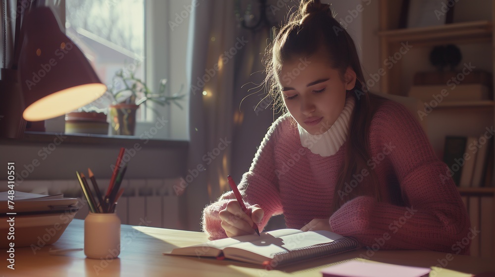 Poster Beautiful student studying on line and learning writing notes in a desk at home : Generative AI