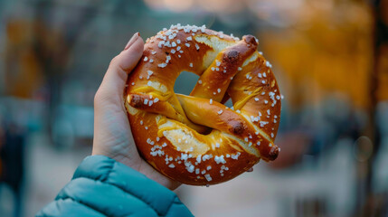 Closeup of a womans hand holding a soft pillowy pretzel covered in salt and mustard.