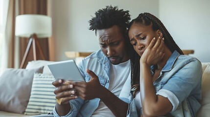 Worried couple checking bank account trouble online in a tablet sitting on a couch in the living...