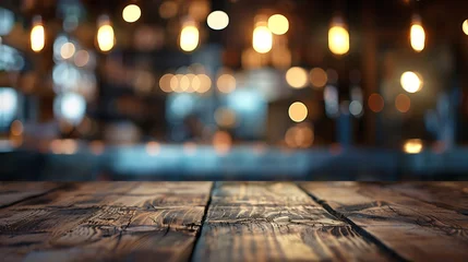 Foto op Aluminium Empty real wood table top with light reflection on scene at restaurant pub or bar at night Blurred background for product display or montage your products with several concept idea and : Generative AI © Generative AI