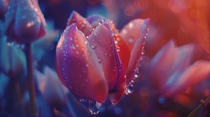 Beautiful Tulip with dewdrop in Garden : Generative AI - obrazy, fototapety, plakaty
