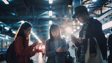 Tourists travelers consulting gps and guide from a smart phone in a train station : Generative AI