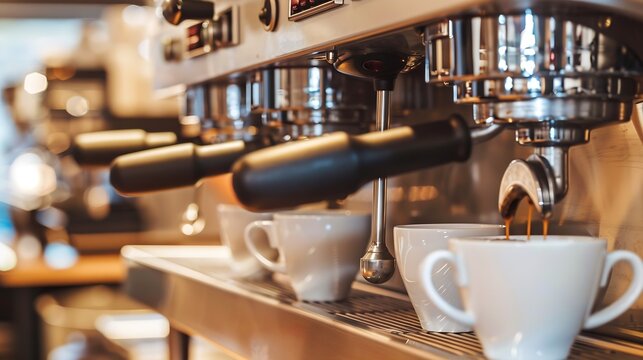 closeup image of the coffee machines that are operating automatical Coffee flowing into coffee cup that is prepar for service Coffee aroma bake the whole shop and the shop atmosphere t : Generative AI