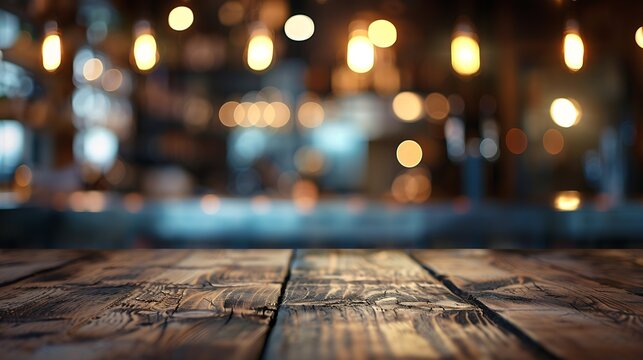 Empty real wood table top with light reflection on scene at restaurant pub or bar at night Blurred background for product display or montage your products with several concept idea and : Generative AI