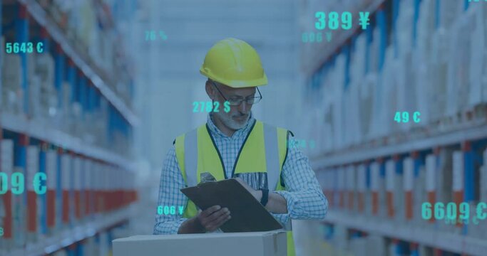 Animation of digital data processing over caucasian man working in warehouse