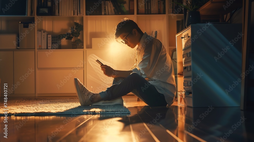 Poster entrepreneur or student working or studying at home and writing notes sitting on the floor at home :