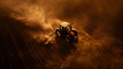 Aerial view of a tractor ploughing at a farm in Brandenburg Germany : Generative AI - obrazy, fototapety, plakaty