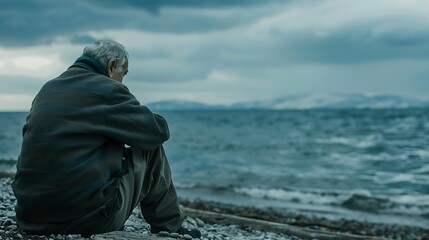 Sad old man sitting by the sea Concept about people sadness and loneliness : Generative AI - obrazy, fototapety, plakaty