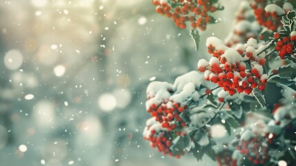 Branch with bunches of rowan berries under snow closeup in the winter snowfall in the city The first snow fell a beautiful red and white pattern Rowan tree in the snow on a green backg : Generative AI - obrazy, fototapety, plakaty