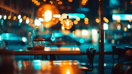 beautiful night modern cafe with backlight : Generative AI - obrazy, fototapety, plakaty