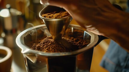 Man preparing classic Italian coffee in the mocha in the kitchen filling funnel of a moka pot with...
