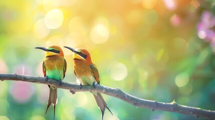 Couple of Chestnutheaded Beeeater Bird rest on branch : Generative AI