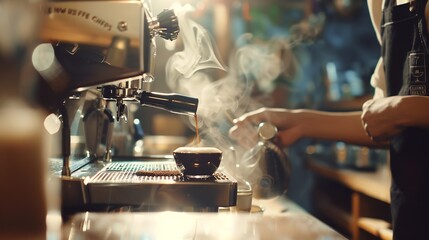 Cropped photo of young barista making coffee with manual presses ground coffee using tamper Barista working in coffee shop : Generative AI - obrazy, fototapety, plakaty