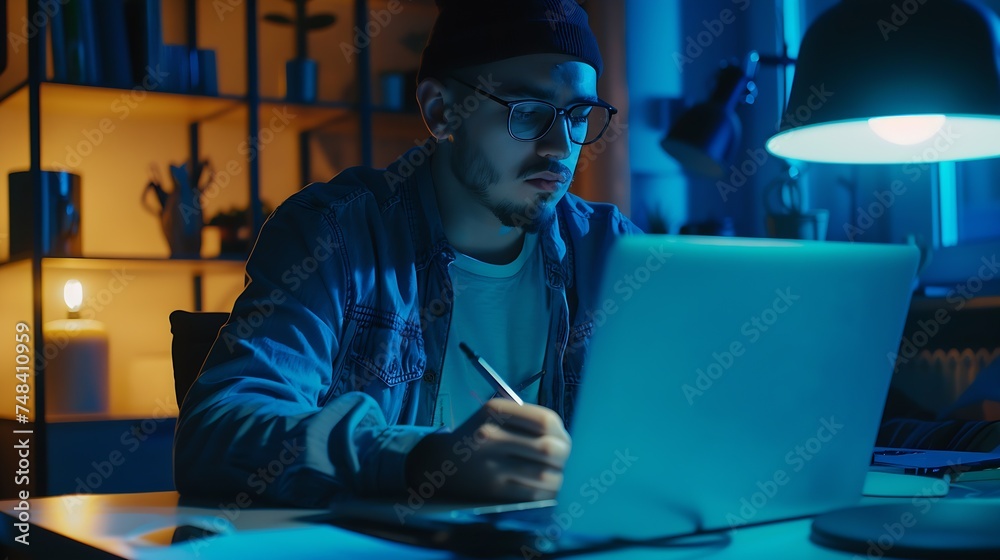 Poster Entrepreneur working online with a laptop and taking notes in a notebook in a little office desktop or home : Generative AI