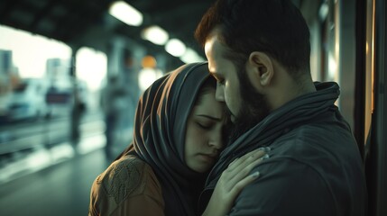 Side view of a muslim man comforting a sad caucasian girl mourning in a train station : Generative AI - Powered by Adobe