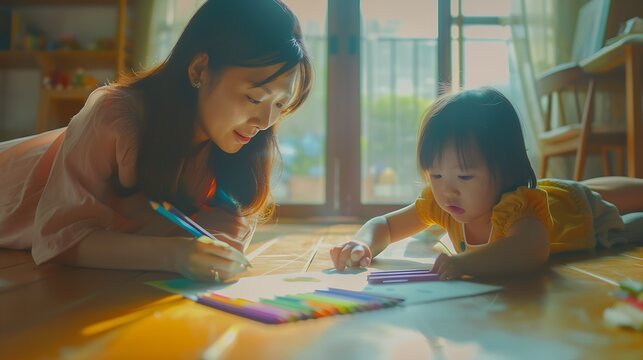 Educational pastime develop creativity skill in kid concept Asian mother her small daughter lying on warm wooden floor in sunny cozy living room mom teach girl paint use album and colo : Generative AI