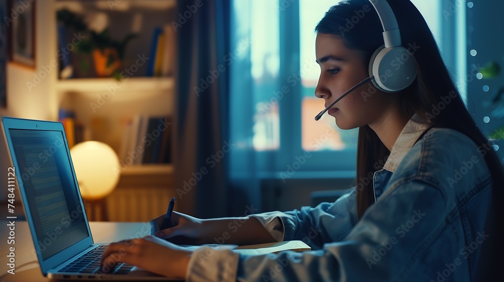 Poster Portrait of a student learning on line with headphones and laptop taking notes in a notebook sitting at her desk at home : Generative AI