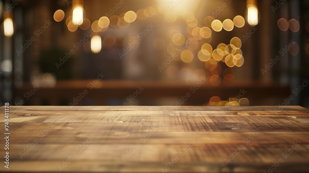 Poster wooden table on light bokeh background in the restaurant : generative ai