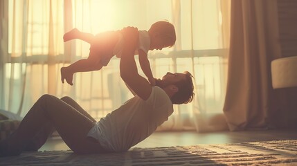 Joyful young man father lying on carpet floor lifting excited happy little child son at home Full length carefree two generations family having fun practicing acroyoga in pair in livin : Generative AI - obrazy, fototapety, plakaty