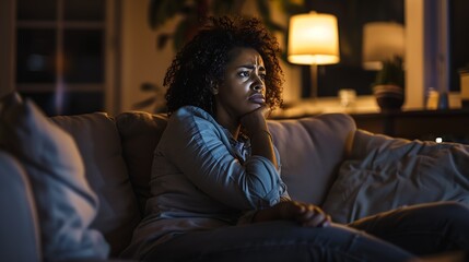 Woman complaining during a blackout sitting on a couch in the living room at home : Generative AI