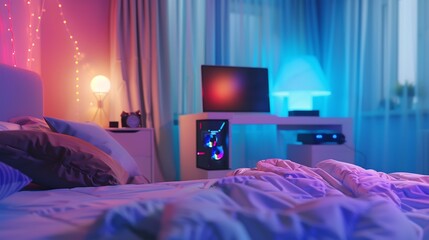 Stylish teenagers room interior with computer and bed : Generative AI