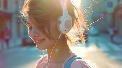 Portrait of a happy girl listening music on line with wireless headphones from a smartphone in the street in a summer sunny day : Generative AI