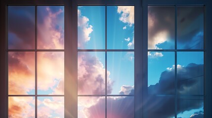 Beautiful view of sky through windows in day and night collage : Generative AI
