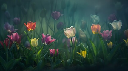 Beautiful colorful Tulips in the foggy morning light in garden : Generative AI