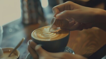 Hand of barista making beautiful latte art in coffee shop : Generative AI
