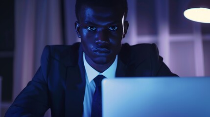 Focused concentrated young african businessman sit at desk look at laptop serious afro american male professional analyst working online on computer data watch webinar thinking of prob : Generative AI