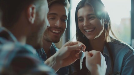 Happy millennial couple receiving keys from realtor purchasing real estate Family meeting with real estate agent New house and real estate concept : Generative AI - obrazy, fototapety, plakaty