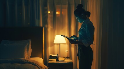 Housekeeping manager with tablet checking maids work in hotel bedroom : Generative AI - obrazy, fototapety, plakaty