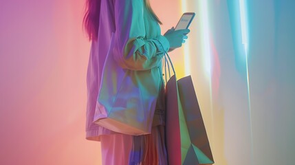 Shopper woman hand shopping with a smart phone and carrying bags : Generative AI