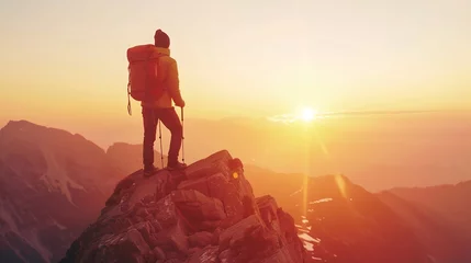 Zelfklevend Fotobehang Young man with backpack standing on the top of a mountain at sunset Goals and achievements : Generative AI © Generative AI