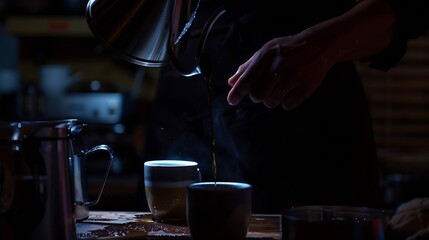 Fototapeta na wymiar Barista making handdrip coffee Hand drip coffee Barista pouring boiling water to make drip coffee Tools for making drip coffee : Generative AI
