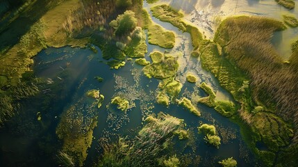 Aerial view of grassland and reed swamp in newly developed nature reserve Tetjehorn t Roegwold province of Groningen The Netherlands : Generative AI